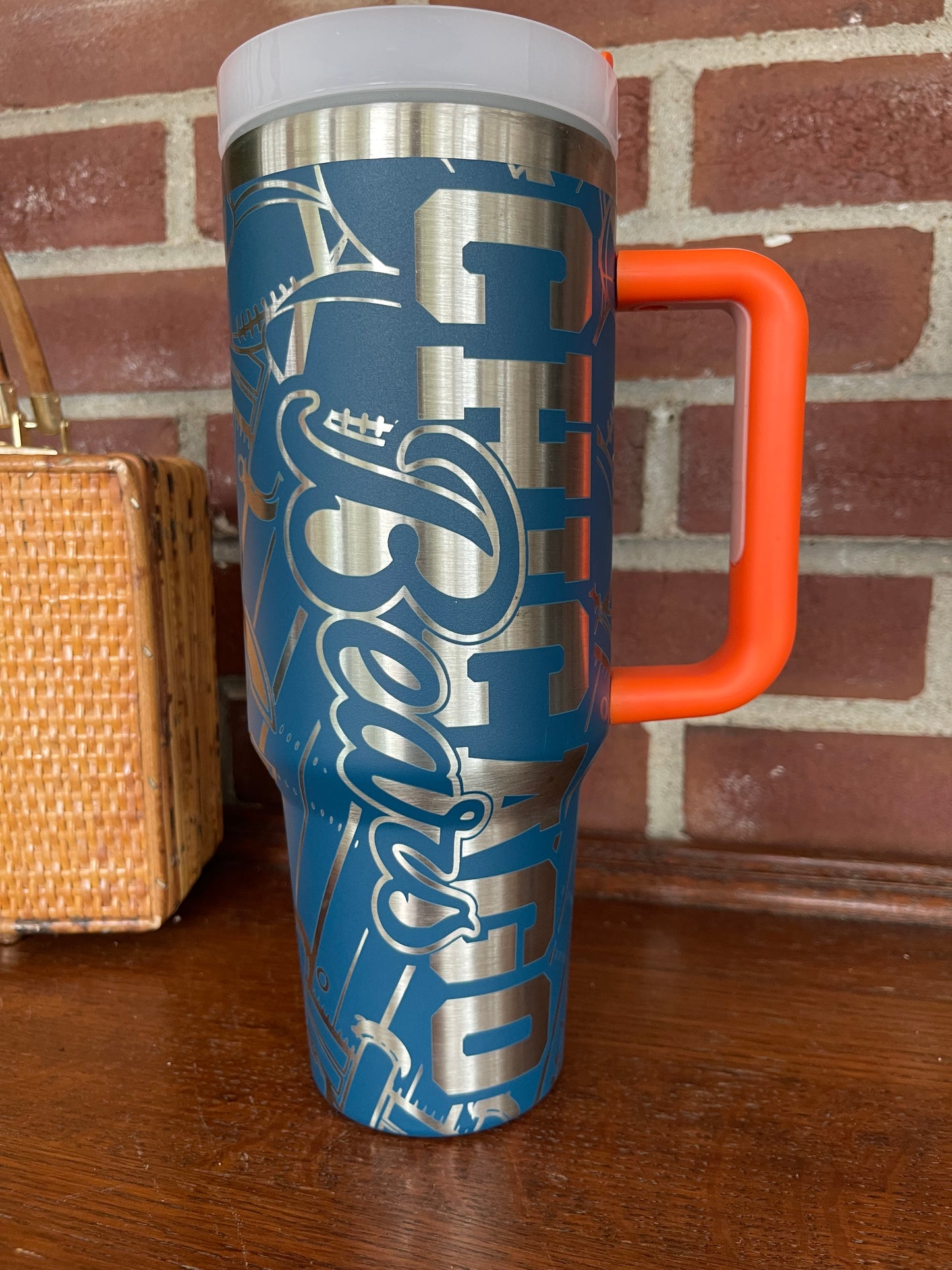 Chicago - 40 Oz Blue Tumbler with Orange Handle and Lid (Matte Finish)