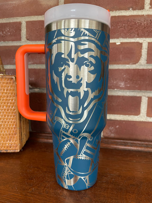 Chicago - 40 Oz Blue Tumbler with Orange Handle and Lid (Matte Finish)